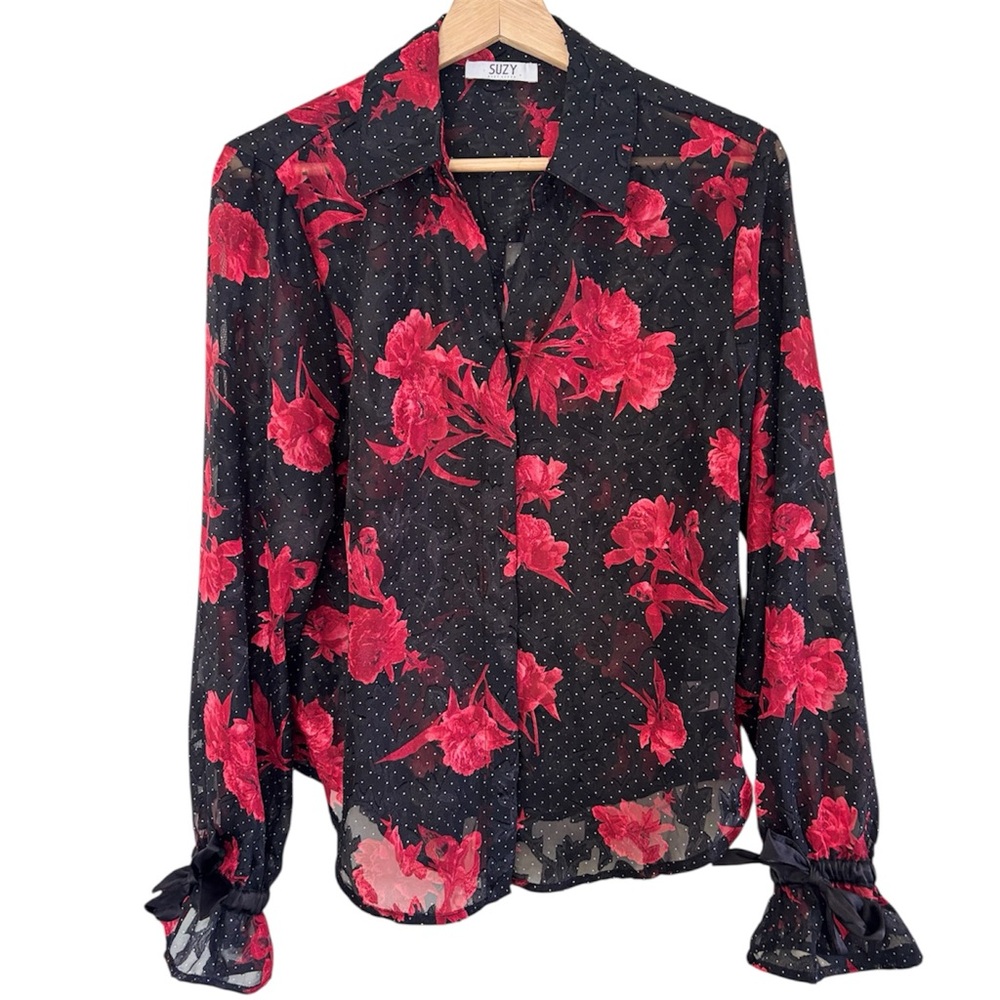 Suzy Shier Black Blouse with Red Floral Design